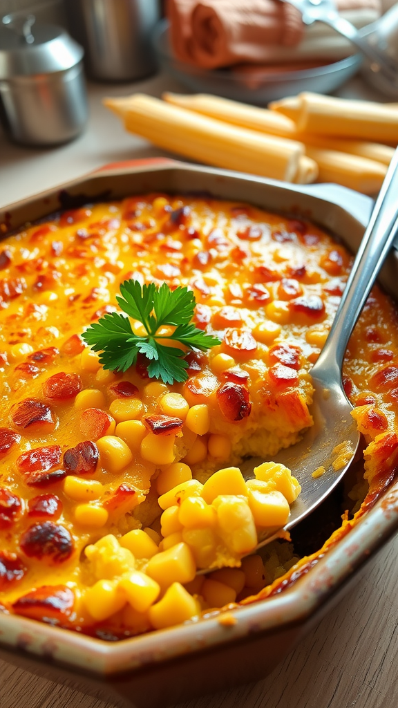 Golden corn casserole topped with crispy cheese crust